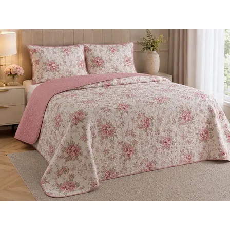 Colcha Cobre Leito 3 Pçs Revenda Atacado Dupla Face Oferta Floral