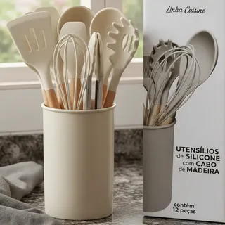Brinox Kit 12 Peça Utensílios Cozinha Silicone Cabo Madeira Brinox Bege