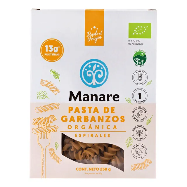 Pasta De Garbanzos 250gr 100% Organicos / Espirales / Manare