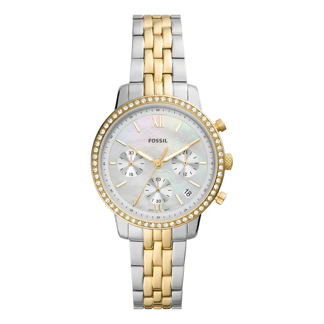 Reloj pulsera Fossil ES521 con correa de acero inoxidable color plateado/dorado - fondo plateado - bisel dorado