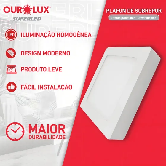 Plafon Superled Sobrepor Quadrado 18w 2700k 03215a Ourolux