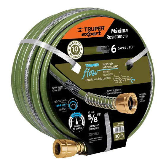 Manguera Ø 5/8 PuLG. X 30 Ml 6 Capas Conexiones Met., Truper