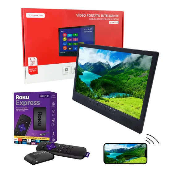 Tv Digital Portátil 14pol Kit Roku Espelhamento 12v Veicular