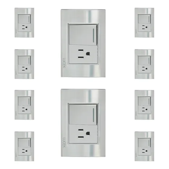 Paq. Con 10 Placas Interruptor Sencillo Y 1 Contacto Lucek 16 A 250v Espejo Plata
