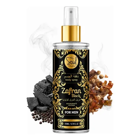 Body Splash Perfume Árabe Masculino Zafran Black 200ml Alta Fixação De Luxo