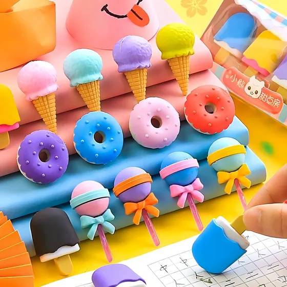 4 Cajas 16pz Gomas Borrador Kawaii Varias Formas Papeleria