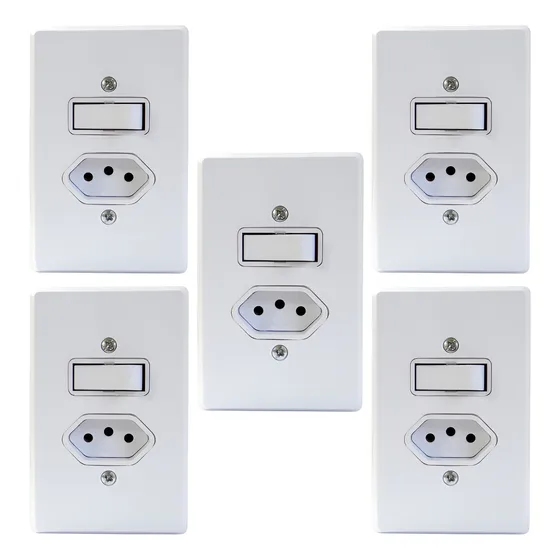 Kit C/5 Tomada 10a 2p+t Placa + Interruptor Simples 1 Tecla 