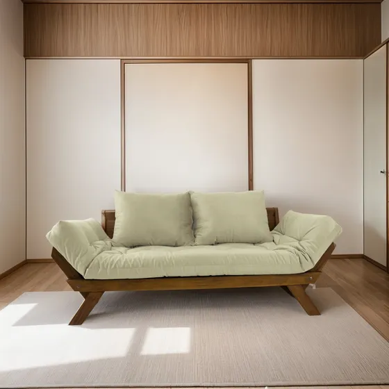 Sofá Japão Futon Bege Em Madeira Maciça Imbuia