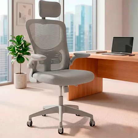 Cadeira Escritorio Ergonomica Giratoria Cinza Apoio Cabeca Suporte Lombar Encosto Reclinavel Tela Mesh Respiravel Altura Ajustável Chanceler Nienz Malha