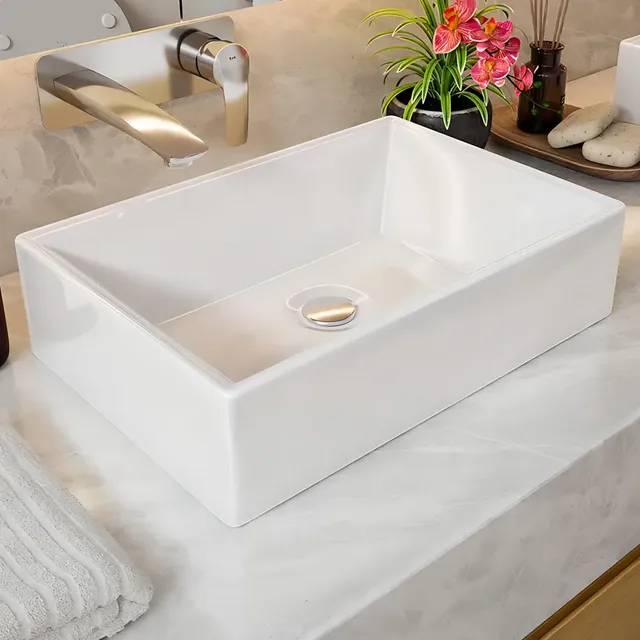 Cuba De Sobrepor Retangular Safira Movelove 27x39x9cm Para Banheiro, Pia E Lavabo Design Moderno Branco Mármore Sintético