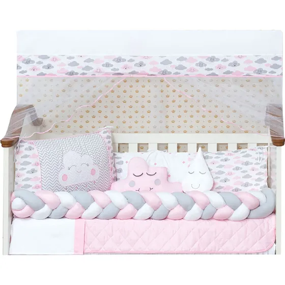 Kit Mini Berço Trança Nuvem Rosa Menina Edredom E Naninha