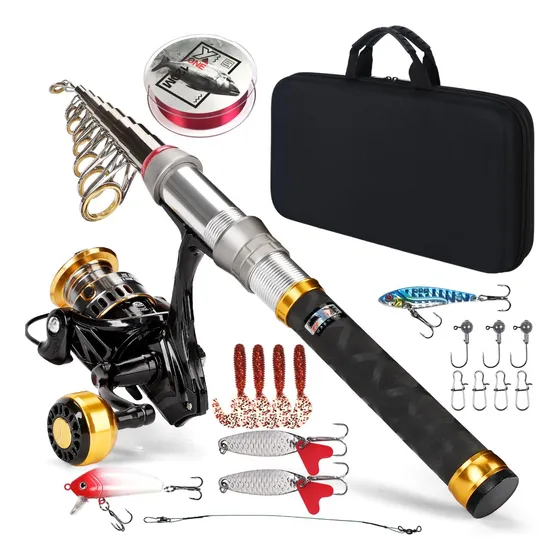 Caña De Pescar Premium Combo Set Carbono Modelo Spinning Kits Completos A-fishing Con Estuche De Transporte