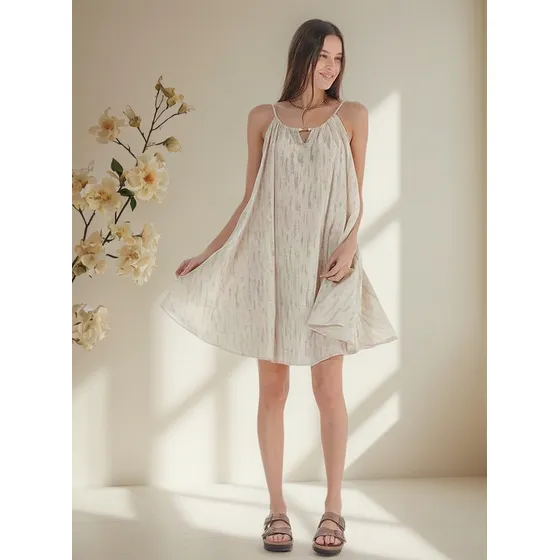 Vestido Puket Cream De Lino Estampado Perlas Gu1399 Arizona