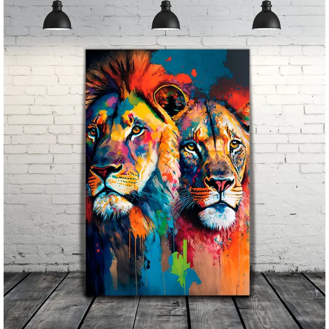 Cuadro Leon Abstracto Colores Pintura Moderno 100x150 Cm