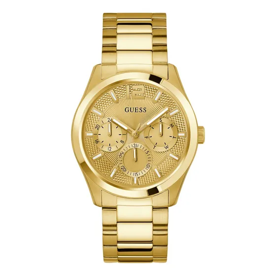 Reloj De Caballero Marca Guess Cololr Plata Correa Dorado 2 Bisel Dorado Fondo Azul Claro