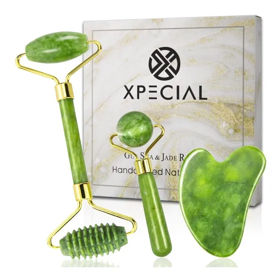 Set Rodillo Jade & Gua Sha 3 En 1  Masaje Ojos Y Rostro