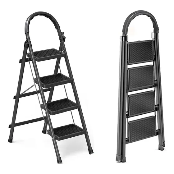 Escalera De Tijera De 4 Peldaños Para El Hogar Acero Titanio Negro-tamaño Sin Plegar 72 X 50 X 139 Cm