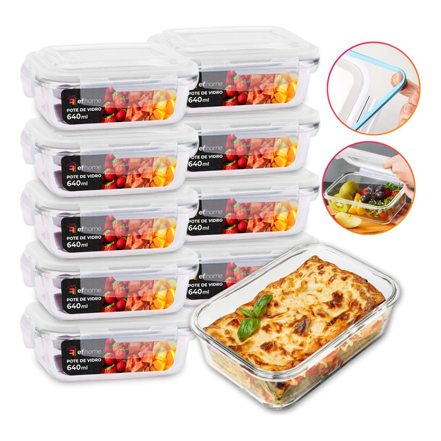 Conjunto 10 Potes 640ml Vidro Hermético 4 Travas Marmita Conjunto 10 Potes 640ml Vidro Hermético 4 Travas Marmita