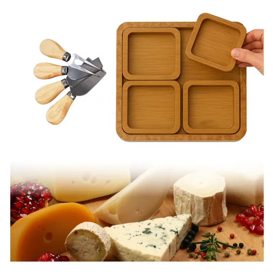 Conjunto Kit Petisqueira Madeira + 4 Facas De Queijo