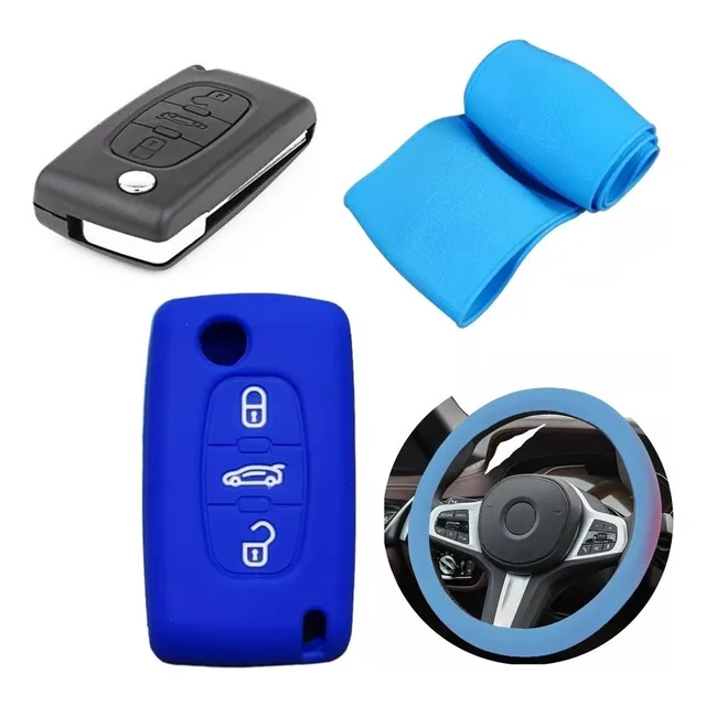 Cubre Volante + Funda Llave Silicona Citroen C4 Picasso Azul