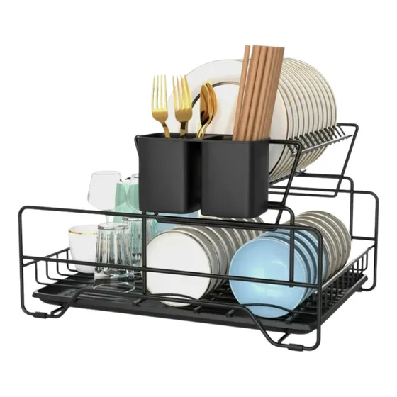 Secaplatos 2 Niveles Con Bandeja Removible Negro Santu Home & Deco