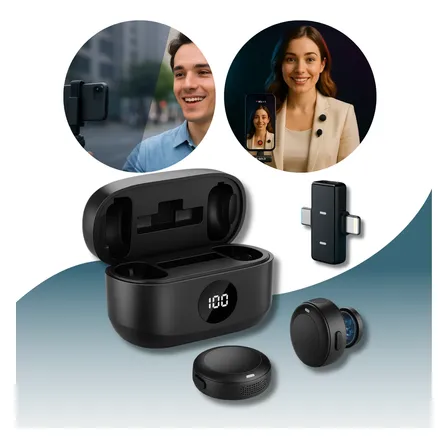 Microfone Duplo Lapela Anti Ruído iPhone Lightning E Usb-c Preto Com Case Digital