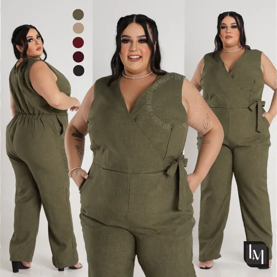 Macacão Plus Size Linho Feminino Casual Chic Elegante