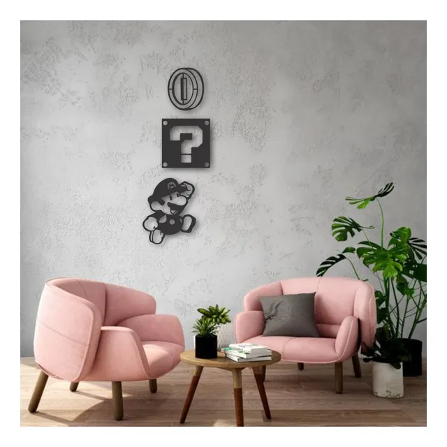 Cuadro Artesanal Triptico Mario Bros Calado Mdf 75x30