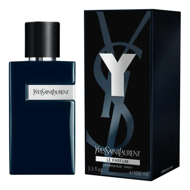 Frasco de perfume Y Le Parfum Yves Saint Laurent de 100ml ao lado de sua caixa preta com a letra Y em destaque prateado