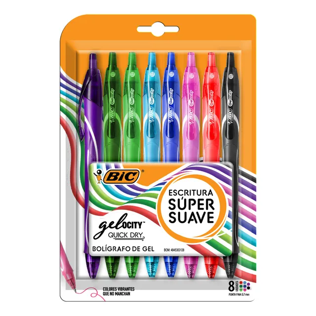 Plumas De Gel Bic Gelocity Quick Dry Punta 0.7mm 8 Pzas Tinta Variado Exterior Naranja Claro