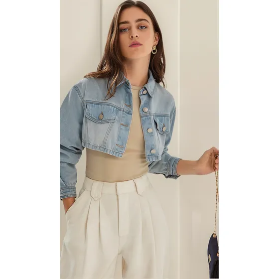 Jaqueta Iódice Cropped Com Botão Jeans
