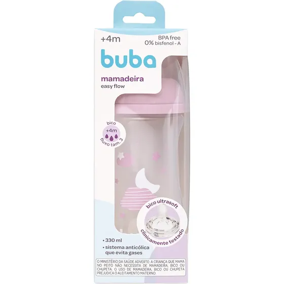 Mamadeira Buba Easy Flow Nuvem 330 mL Rosa Antocólica com Sistema AirFree