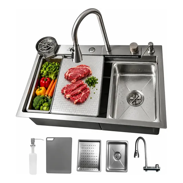 Cuba Pia Gourmet Cozinha Aço Inox 304 75x46 Cascata Torneira Prateado