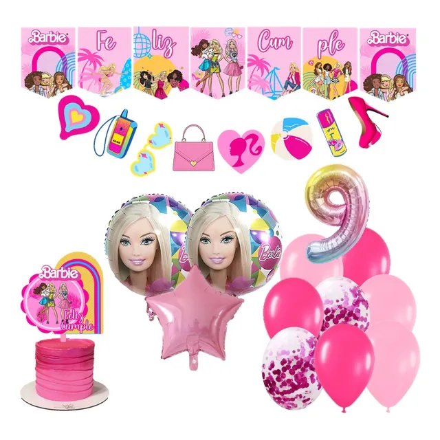 Combo Globos Barbie Banderín + 10 Látex + Número 40cm 