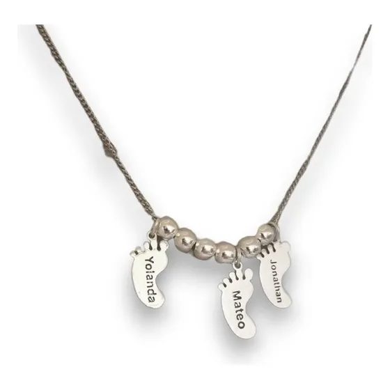 Collar Para Mujer Dije 3 Pies Hijo Con Nombre Plata Fina.925
