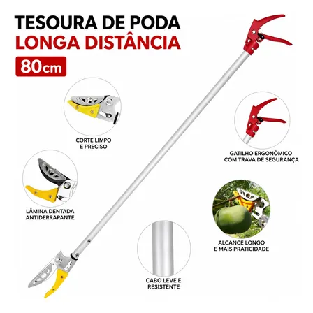 Tesoura Poda Haste Longa Gatilho 80cm Jardim Pomar Fruta Cinza