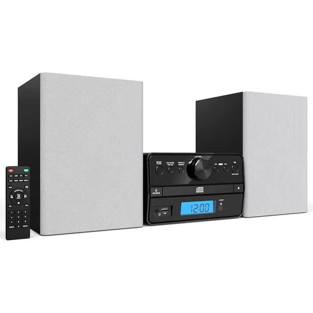 Reproductor de CD con bandeja de carga Philco Stereo Shelf Systems con radio FM digital, transmisión Bluetooth y control remoto en color plateado | Pantalla LCD | Conector para auriculares de 3,5 mm |