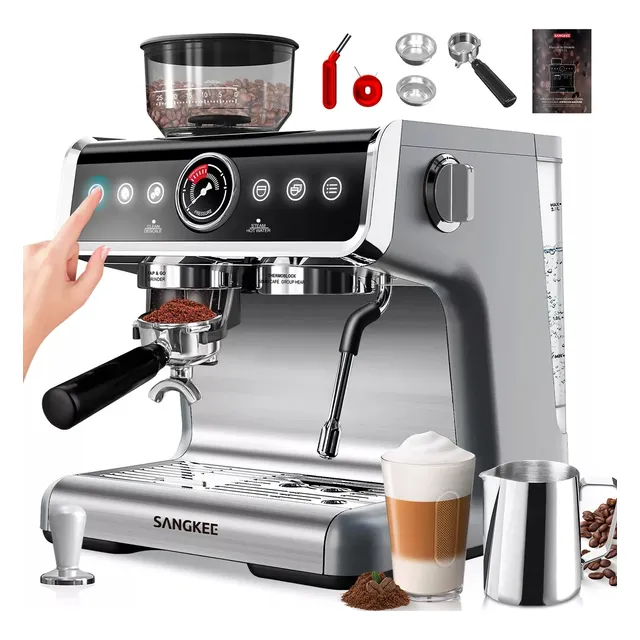 SANGKEE Cafetera Espresso + Molino Integrado + Espumador De Leche, 30s Calentamiento Rápido + Extracción de Sabor Máximo + Crema Perfecta, Kit Barista Completo Para Espresso Y Capuchino Latte, 20 Bar