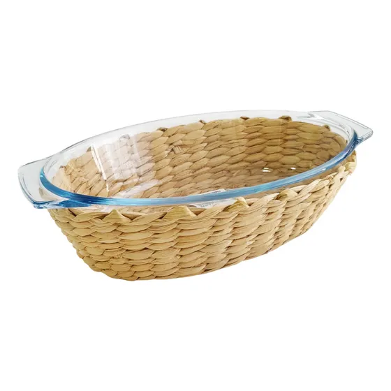 Fuente De Vidrio Con Base De Mimbre, Chica, 24 Cm - 13724