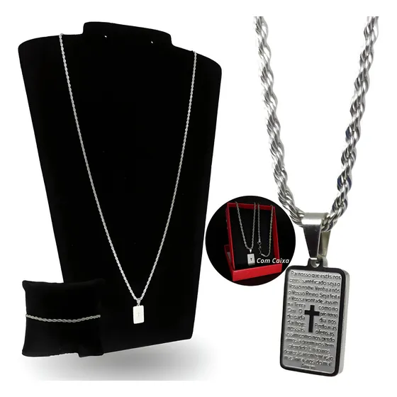 Corrente Correntinha Fina Masculina Cordão Baiano Torcido Masculino 70cm Conjunto Pulseira Pingente Plaquinha Oração Pai Nosso Aço Inox Inoxidável Cirúrgico Antialérgico Kit Presente Prata Prateado
