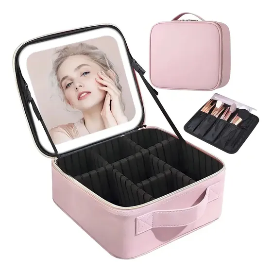 Bolsa de Cosméticos Rosa com Luz e Espelho Portátil Viagem