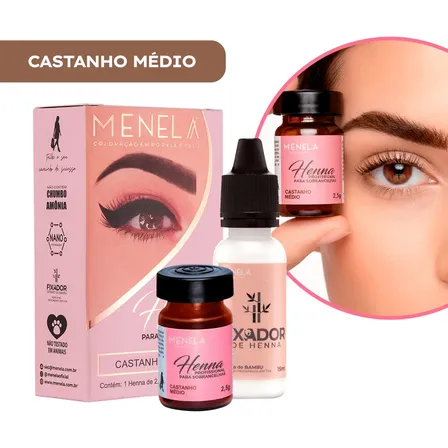 Henna Menela Castanho Médio Padrão Profissional Para Designer De Sobrancelhas 2.5g Com Fixador E Nanotecnologia Completo