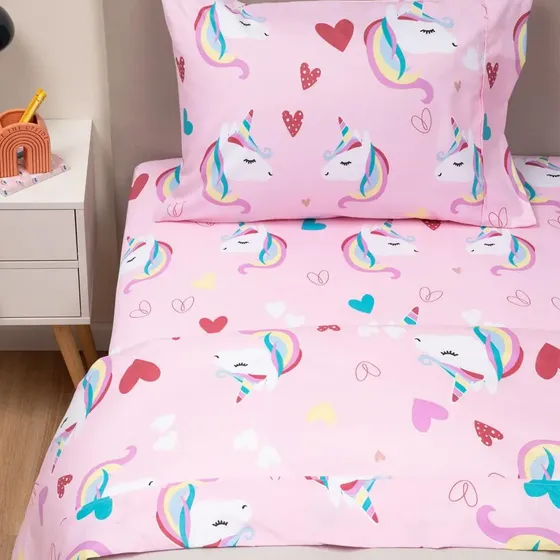Sabanas 1,5 Plaza Niña Estampada + Funda Almohada Casatua Unicornio | Cuotas sin interés