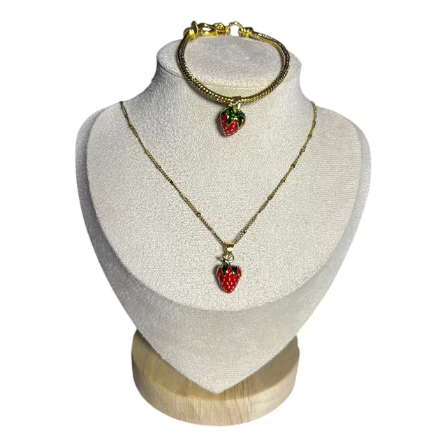 Collar Y Pulsera Tipo Pandora De Frutas Rojas Cereza Fresa