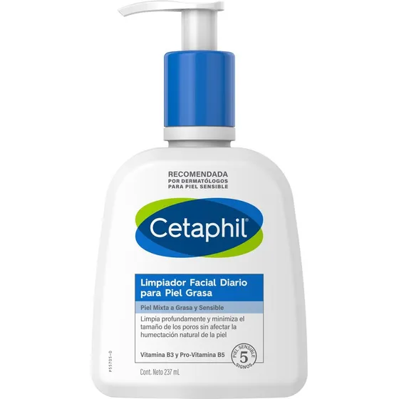 CETAPHIL Limpiador Facial Diario Para Piel Grasa 237ml Limpia y elimina el exceso de grasa sin resecar la piel Recomendada por Dermatólogos para Piel Sensible.