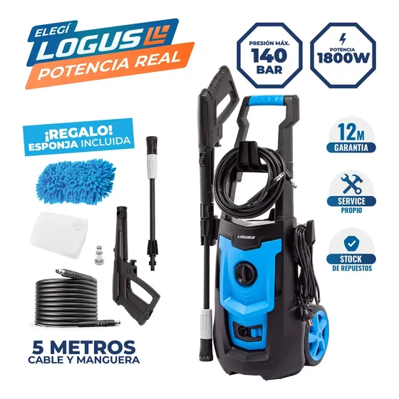 Hidrolavadora Eléctrica Logus 140 Bar Alta Presión 1800W Con Dosificador De Espuma Y Accesorios