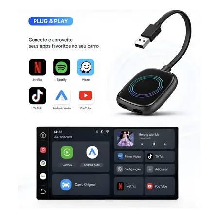 Carplay Android Auto Sem Fio C/ Youtube Netflix Videos Tv