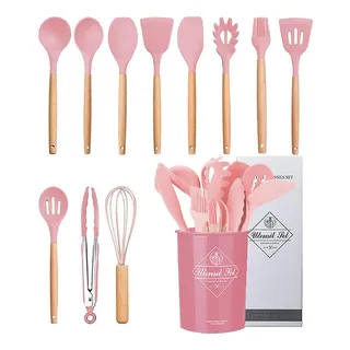 Aplausi Kit 12 UtensĂlios De Cozinha Em Silicone E Cabo De Madeira Cor Rosa Aplausi Kit 12 UtensĂlios De Cozinha Em Silicone E Cabo De Madeira Cor Rosa