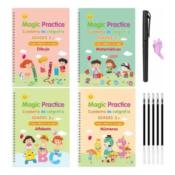 Set De 4 Cuadernos De Escritura Caligrafía Con Lapicera