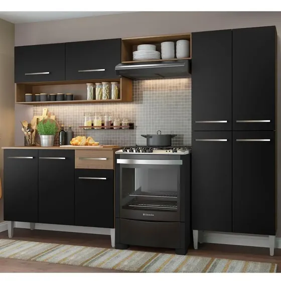 Armário de cozinha modulada completa compacta Emilly pop com armário e balcão cor rustic/preto GREM229002
